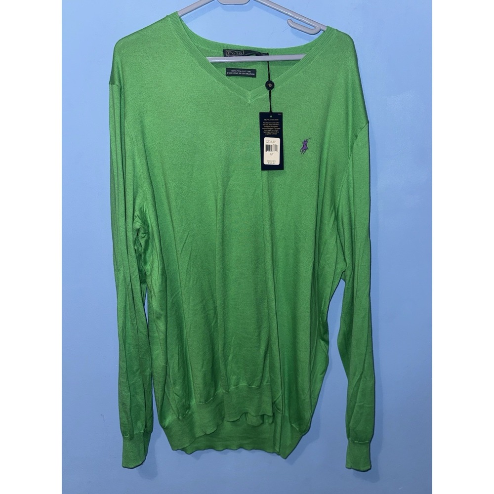 Polo Ralph Lauren Mens Green Pima Cotton V-Neck Pullover Sweater 2XLT NEW